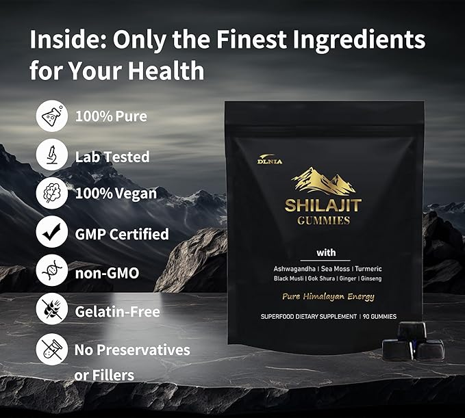 Shilajit Gummies with Ashwagandha, Turmeric - Organic, Zero Sugar & Vegan-Friendly Himalayan Shilajit for Men & Women - Energy, Calm, Cortisol, Sleep, Immune Support & Overall Health