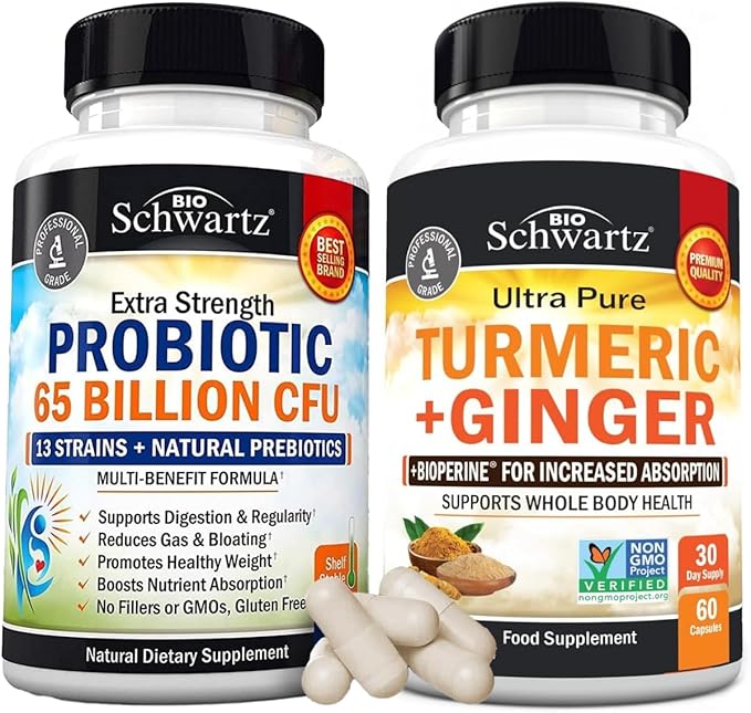 Organic Turmeric Curcumin and Ginger Supplement (1 Month Supply) Plus 65 Billion CFU Daily Probiotic Supplement (1 Month Supply)