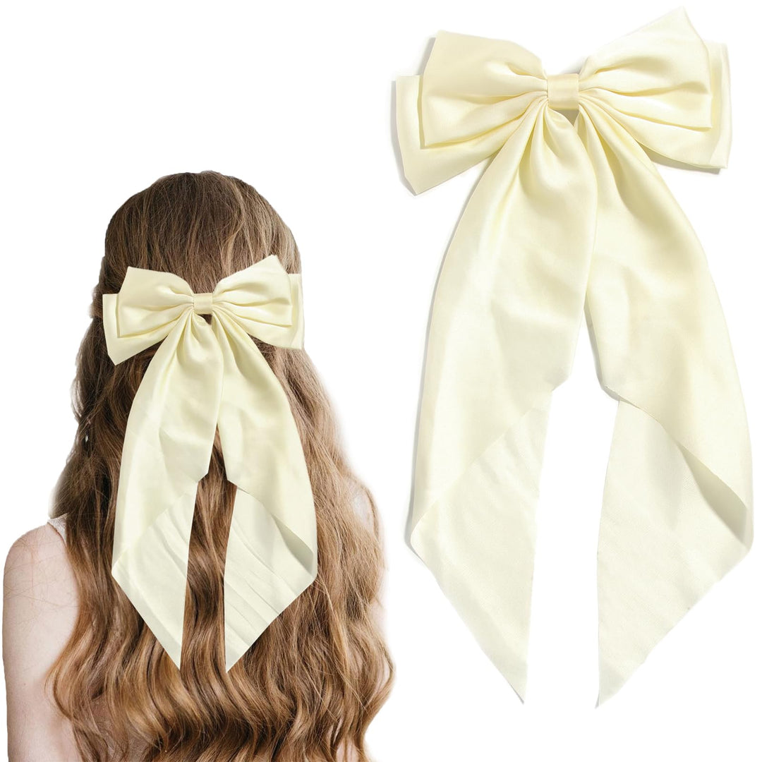 Women Big Bow Barrettes Girl's Satin Hairclips Long Ribbon Hair Pins Accessories For Party (Beige)