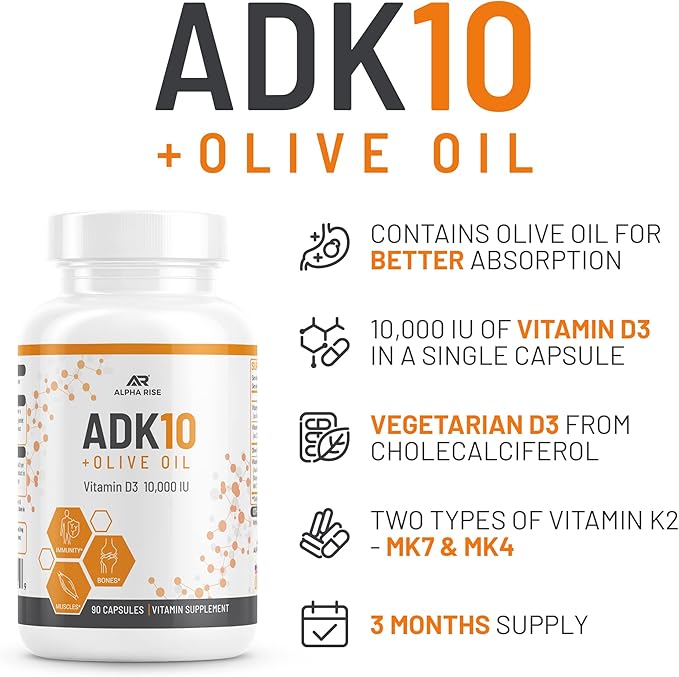 ADK 10 Vitamin Supplement + Olive Oil for Better Absorption - with Vitamins A + D3 (10,000 iu) + K2 (MK7+MK4) - 90 Capsules - Vegetarian - Non-GMO