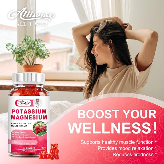 Potassium Magnesium Supplement Gummies with Potassium Citrate & Magnesium Glycinate for Bone & Muscle Relaxation,Mood & Energy Support.High Absorption Vitamin B6, D3, C.Raspberry Flavor