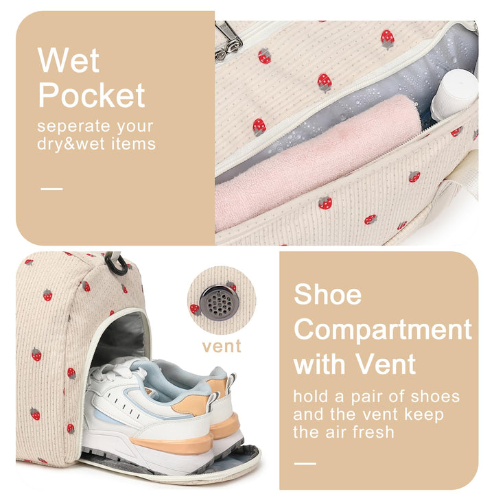 BLUBOON Duffle Bag Girls Kids Cute Gym Bag with Shoes Compartment & Wet Separation Waterproof Sports Overnight Travel Bag(Corduroy Strawberry)