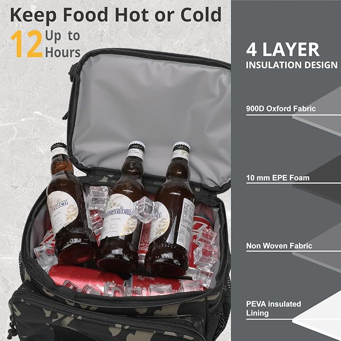 ATRIPACK 2 Compartment Lunch Bag for Men Adult, Tactical Lunch Box Leakproof Insulated Large Cooler Bag for Work with Adjustable Shoulder Strap Flag Double Layer Lunch Pail（Camo-Black）