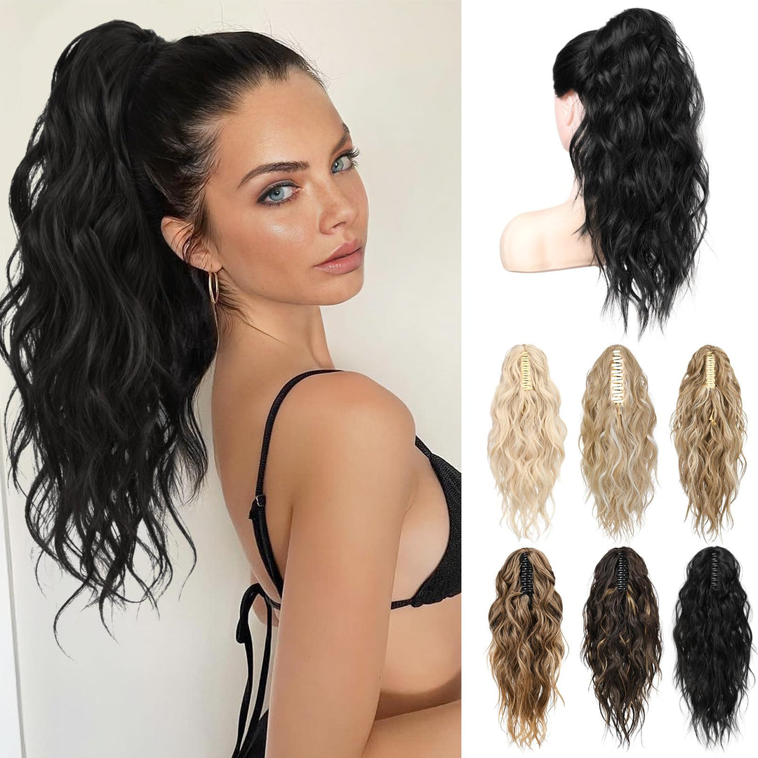 LONAI Black Ponytail Extension, 18" Wavy Claw Clip Ponytail Extensions ZJ001 Shoulder Length Curly Wavy Claw Clip in Ponytail Hair Extensions Synthetic Fake Pony tails Hairpieces-Black