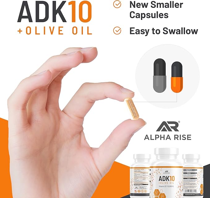 ADK 10 Vitamin Supplement + Olive Oil for Better Absorption - with Vitamins A + D3 (10,000 iu) + K2 (MK7+MK4) - 90 Capsules - Vegetarian - Non-GMO