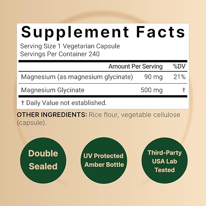 Magnesium Glycinate 500mg, 240 Veggie Capsules | 100% Chelated & Purified Mineral Supplement – Non-GMO, Gluten Free