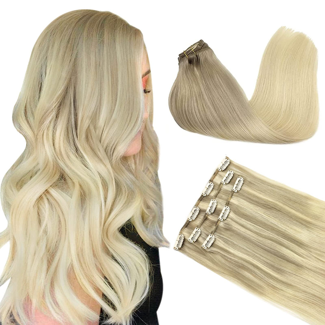 Doores Hair Extensions Clip In Human Hair, 3Pcs 60G 14 Inch Balayage Ash Blonde To Golden Blonde And Platinum Blonde Remy Clip I