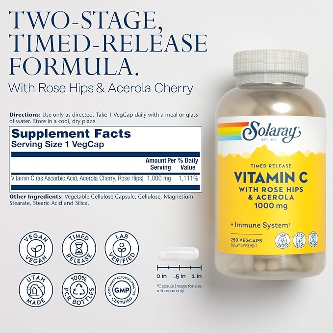 SOLARAY Vitamin C with Rose HIPS & Acerola | Two-Stage Timed-Release Formula | 1000mg | 24-Hour Immune Support & Antioxidant Supplement | 250 Ct.