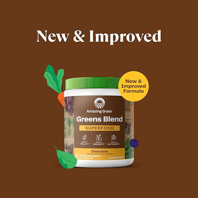 Amazing Grass Greens Superfood Powder: Greens Powder with Digestive Enzymes & Probiotics, Organic Spirulina, Chlorella, and Beet Root Powder, Chocolate, 30 Servings