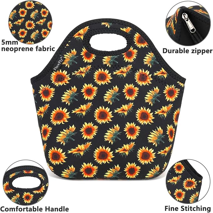 FlowFly Neoprene Lunch Tote Insulated Thermal Reusable Lunch Bag Box for Boys Men with Zipper (SunFlower)