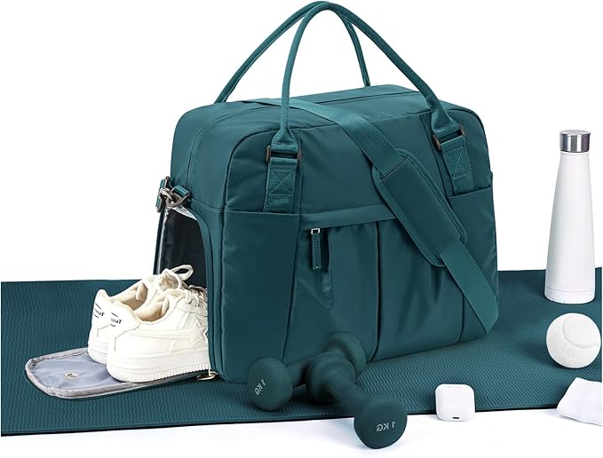 Large Carry on Gym Bag for Women, Waterproof Sport Bag for Fitness with Dry Wet Separated Pocket and Shoe Compartment, Overnight Weekender Fitness Workout Sports Bag, Peacock Blue