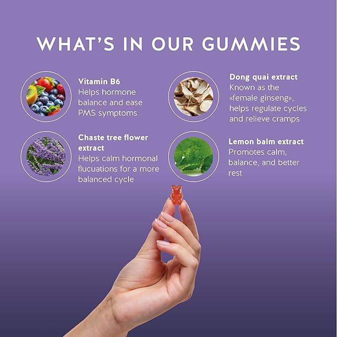 PMS Support Supplement for Women. Menstrual Relief Gummies to Target Hormonal Breakouts, Bloating, Period Cramps, & Mood Swings. Vegan, with Vitamin B6 & Lemon Balm, 60 Gummies