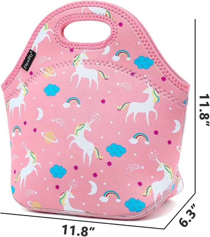 FlowFly Neoprene Lunch Tote Insulated Thermal Reusable Lunch Bag Box for Boys Men with Zipper,Unicorn