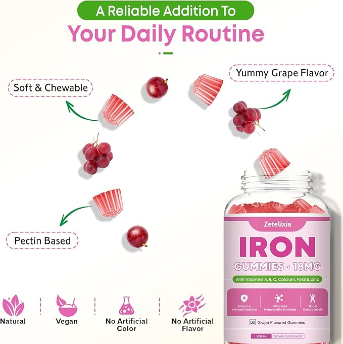 Vegan Iron Supplement Gummies for Women & Men, Anemia, Blood Builder & Energy Support for Iron Deficiency, with Vitamin C, A, B Complex, Folate, Beet Root, CoQ10, Zinc, Sugar Free, 60 Count