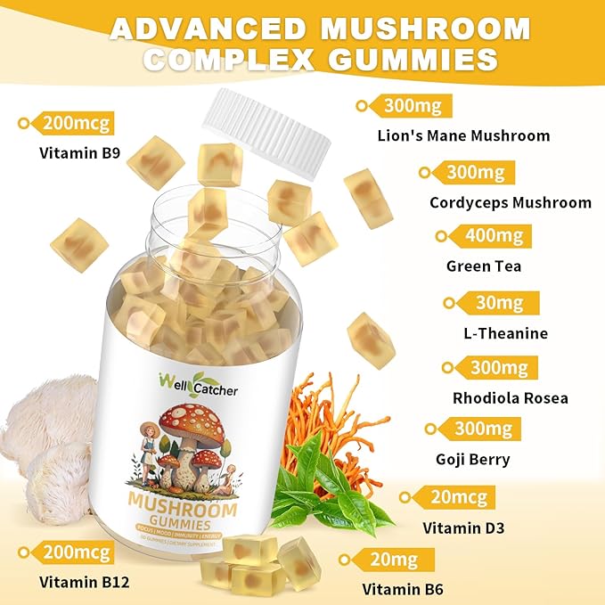 Lion's Mane Mushroom Gummies for Adults - Mushroom Complex Supplement Gummies for Kids Focus And Energy Sugar Free With Cordyceps Green Tea, Mood Gummies Organic Vegan Non Gmo Orange Flavor 60ct