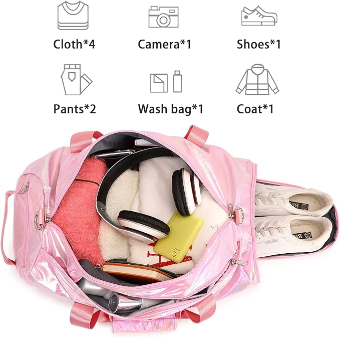 Gym Duffle Bag for Kids Girls Sports - Dance Cheerlead Overnight Weekender with Shoe Compartment - Pink