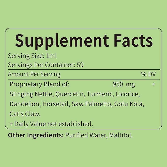 Herbal Drops, Extract with Stinging Nettle Quercetin Turmeric for Allergy Support, Urinary Health & Immunity. 2oz