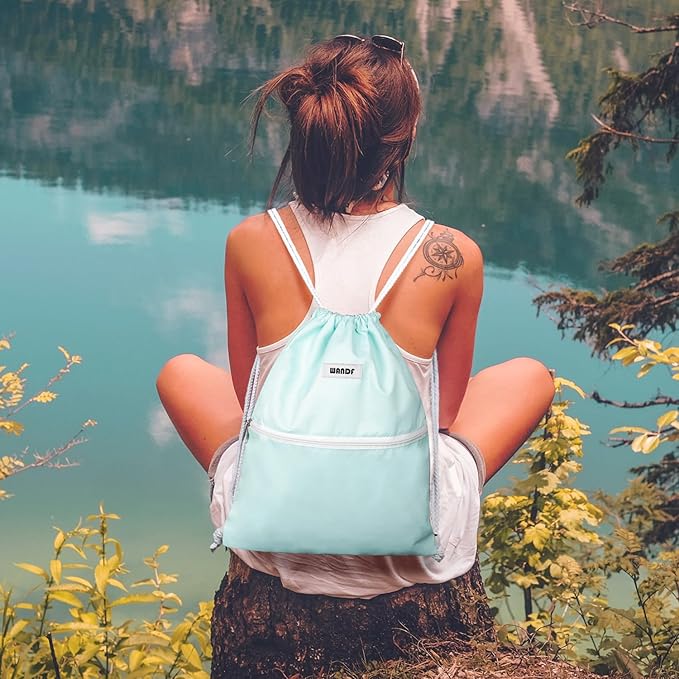 WANDF Drawstring Backpack String Bag Sackpack Cinch Water Resistant Nylon for Gym Shopping Sport Yoga (Mint Green)