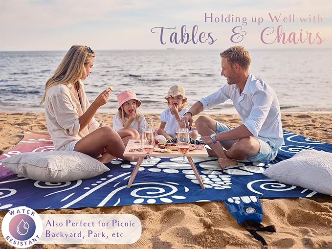 WEKAPO Beach Blanket Waterproof Sandproof Oversized Extra Large Sand Free Beach Mat with Stakes, Storage Bag - Essentials for Outdoor Beach, Picnic (Deep Blue Sea Turtle, 8 X 7 FT (1~4 Person))