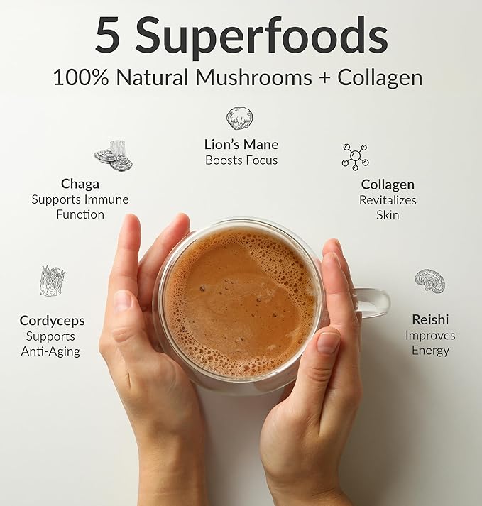 BIOptimizers Mushroom Coffee Alternative – Salted Caramel Drink – Lion’s Mane, Chaga, Reishi + Collagen Peptides for Focus, Energy & Gut Health – Adaptogenic Mushrooms & MCT Powder – 30 Servings
