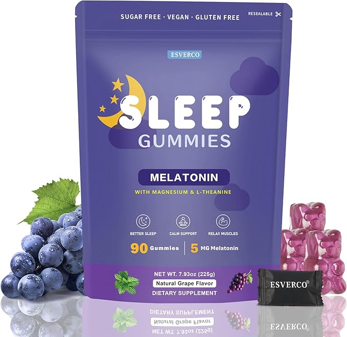 Sleep Gummies with 5mg Melatonin & 50mg Magnesium, L-Theanine, Lemon Balm, Blue Passionflower, Chamomile, Sleep Support, Help for Relaxation, Vegan, Grape Flavor, 90 Count