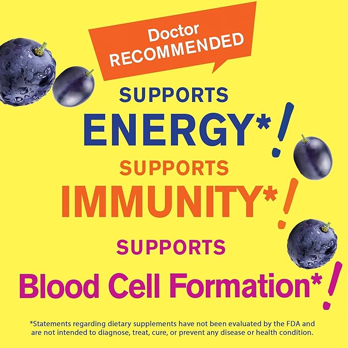 Iron Gummies with Vitamin C -Anemia and Cellular Energy Support, Promotes Red Blood Cell Formation - Energy & Immune System Support -Natural Grape Flavor-60 Gummies