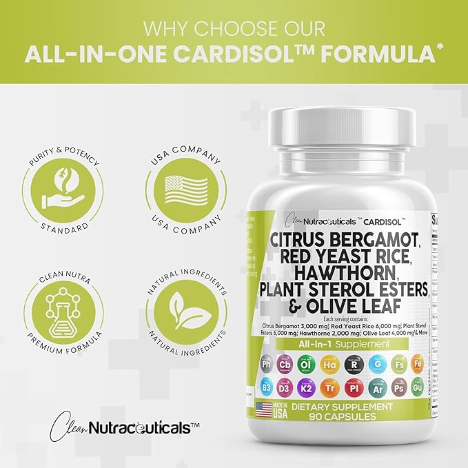 Clean Nutraceuticals Citrus Bergamot Red Yeast Rice Capsules with Plant Sterols - with Hawthorn Extract Olive Leaf Niacin Vitamin K3 D3 COQ10 Guggul & More