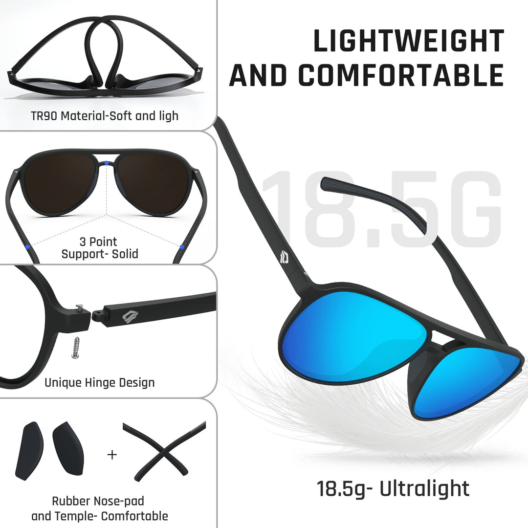TOREGE Aviator Sunglasses For Women Men Polarized Sunglasses, Lightweight Sports Sun Glasses UV400 Protection For Running Fishing Cycling Boating Beach Golf Driving TR75(Black&Black&Ice Blue Lens C2)