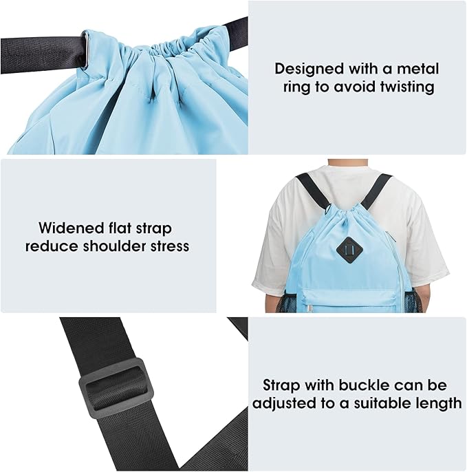 WANDF Drawstring Backpack Sports Gym Bag with Shoes Compartment, Water-Resistant String Backpack Cinch for Women Men(Large,Light blue)