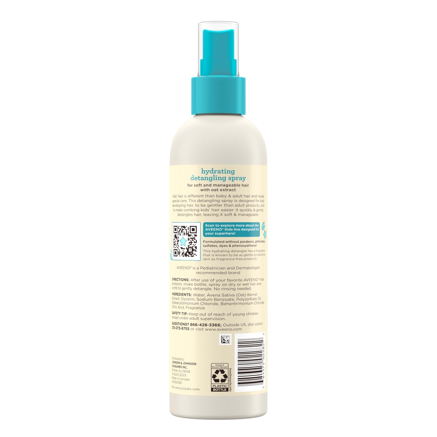 Aveeno Kids Hydrating Detangling Spray with Oat Extract, Quickly & Gently Detangles Kids' Hair, Tear-Free & Suitable for Skin & Scalp, Light Fragrance, Hypoallergenic, 10 fl. oz