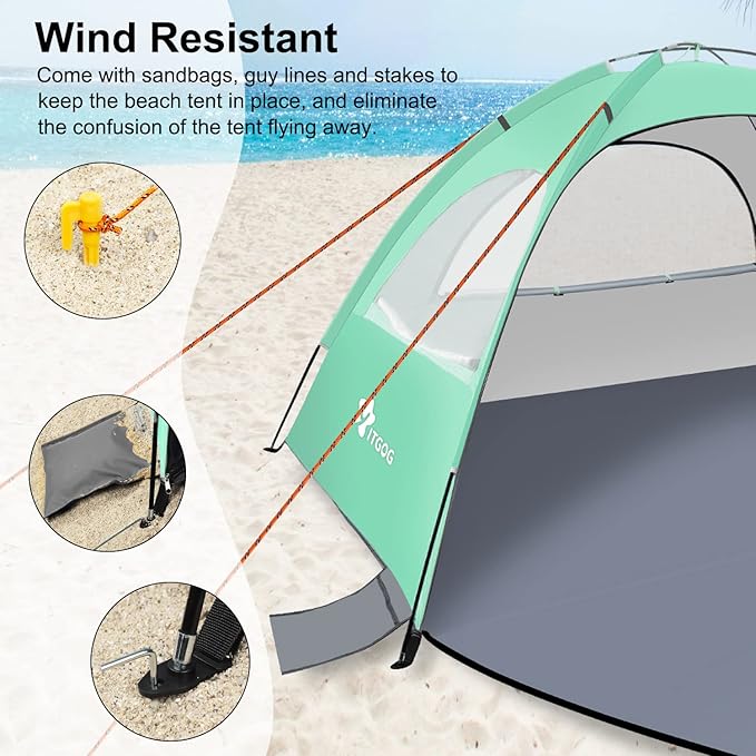 Beach Tent Sun Shelter for 3-4Person, Lightweight Beach Tent with UV Protection, 3 Mesh Roll Up Windows & 8.0mm Fiberglass, Easy Assemble