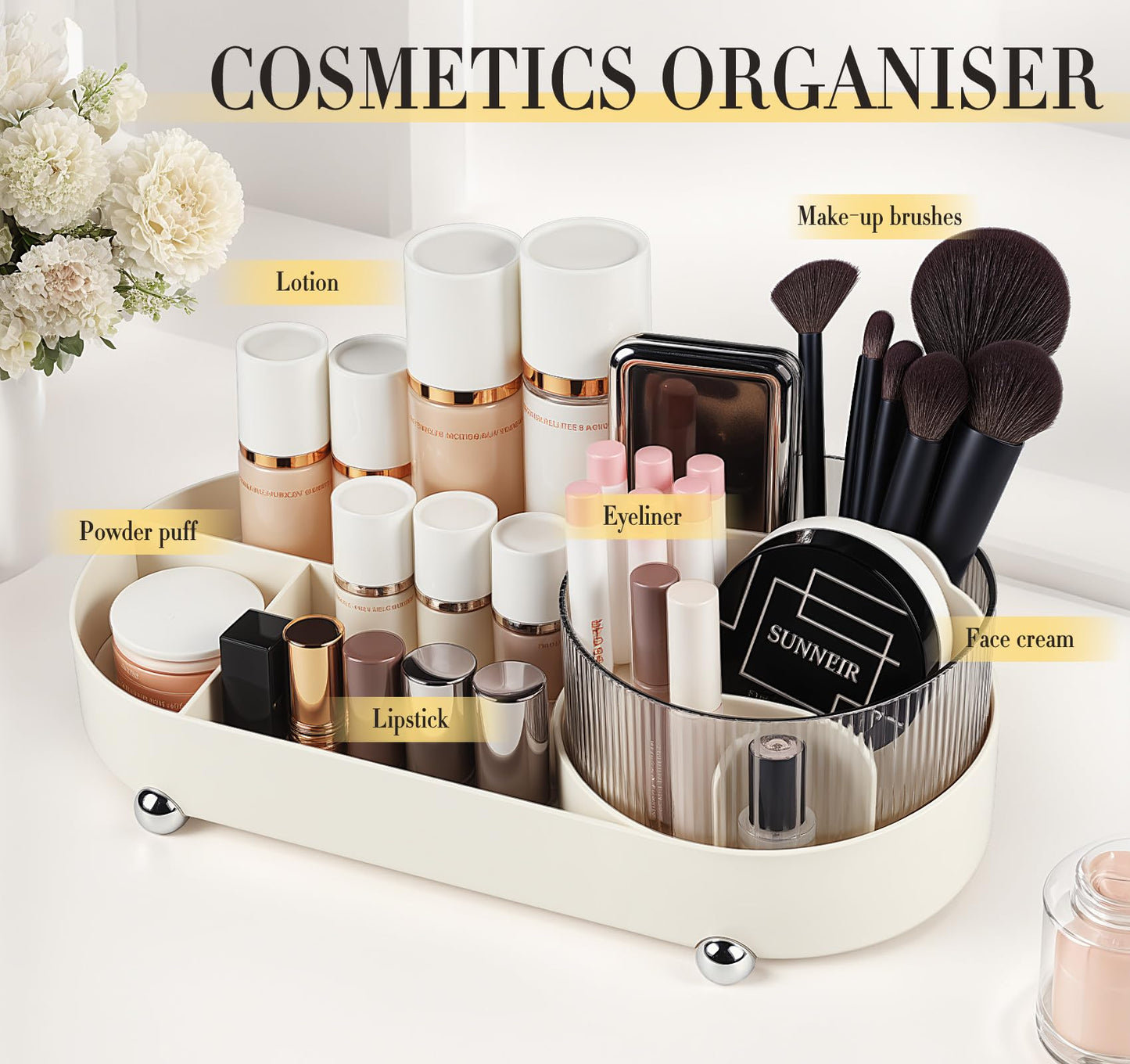 adorbox Make up Organiser, 360° Rotating Makeup Organiser, Rotating Compartment 2 In 1 Makeup Perfume Organiser for Makeup Table, Dresser, Bathroom, Bedroom, Desk (Off white)