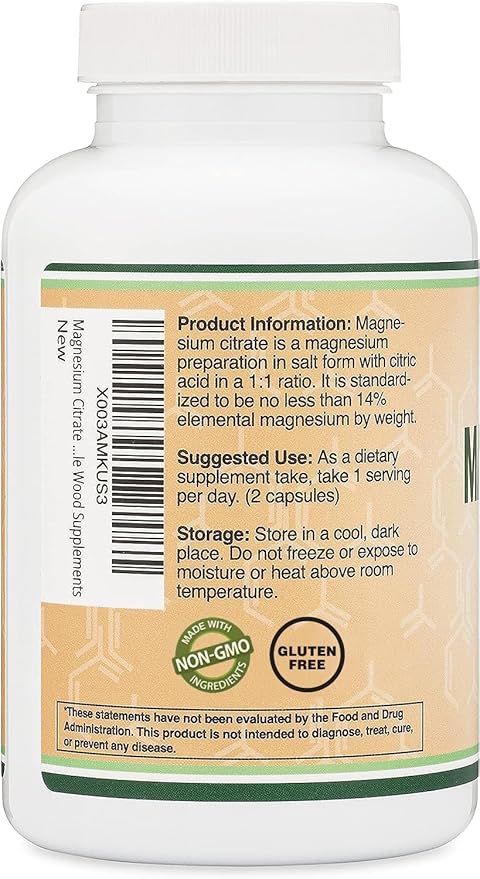 Magnesium Citrate 800mg, 180 Capsules, Digestion & Constipation Support, Vegan Safe, Non-GMO, Double Wood Supplements