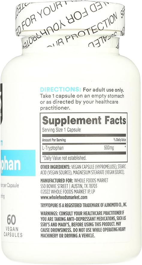 365 by Whole Foods Market, Free-Form L-Tryptophan 500mg, Vegan, 60 Capsules
