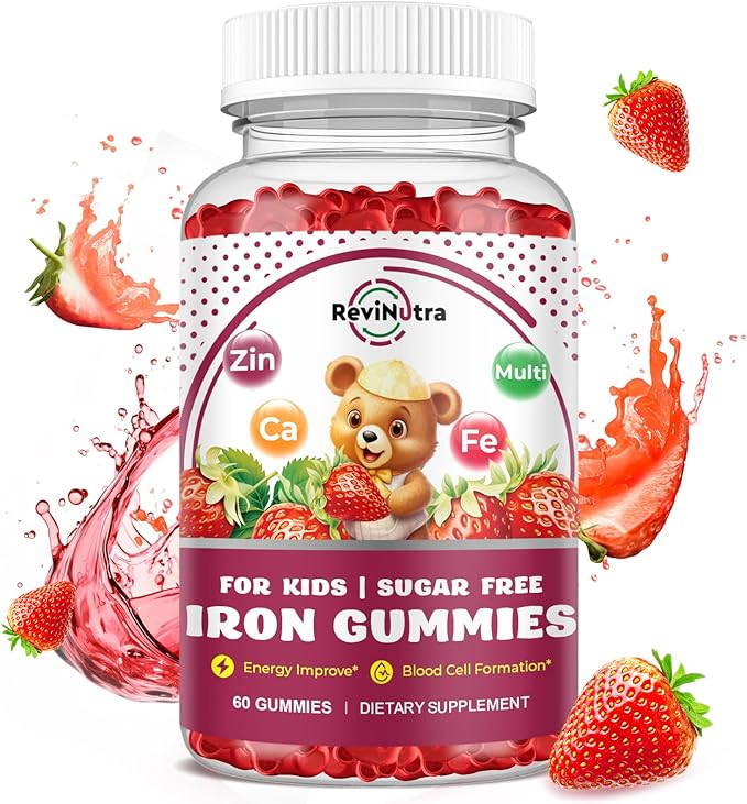 Iron Supplement Gummies for Kids - with Calcium, Zinc, Kids Multivitamin with Iron Gummies - Immune Support, Blood Builder & Energy Support for Iron Deficiency, Anemia, Vegan - 60 Gummies
