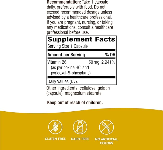 Nature's Way Vitamin B-6 Supplement, Cellular Energy Support*, 50mg per Serving, 100 Capsules