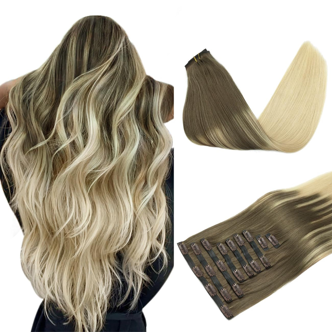 Doores Human Hair Extensions Clip Ins, Ash Brown To Platinum Blonde 14 Inch 130G 9Pcs, Seamless Clip In Hair Extensions Natural