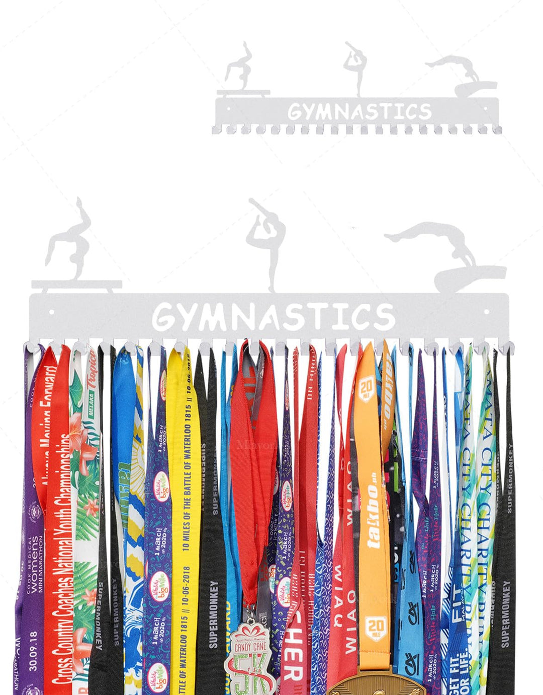 Miayork Silver Gymnastic Medal Hanger Display Ribbon Hanger Rack for More medals-Easy Installation Easy to Use with 20 hanging hooks-Gymnastics Medal holder for Girls- Medal Hanger Display Upgraded