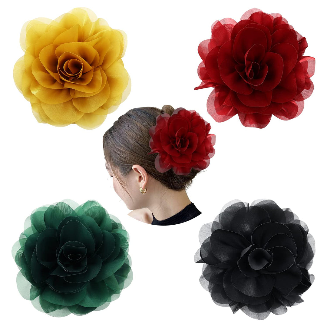 Cinaci 4 Pack Large Red Yellow Green Black Rose Flower Plastic Hair Claws Clips Big Chiffon Flower Bows Jaw Barrette Clamps Flor