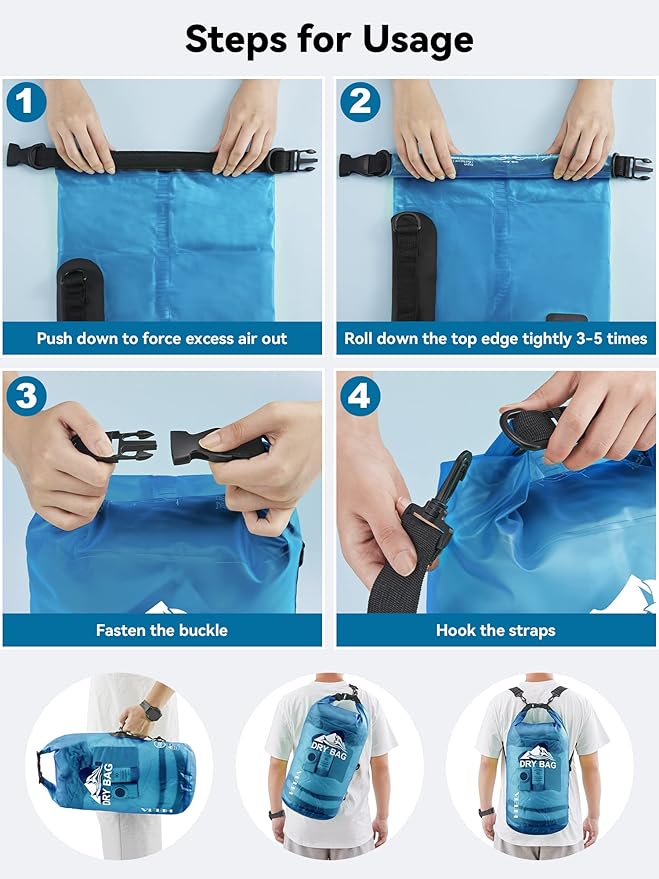 HEETA Dry Bag Waterproof for Women Men, 5L/10L/20L/30L/40L Roll Top Lightweight Dry Storage Bag Backpack with Phone Case for Travel, Swimming, Boating, Kayaking, Camping & Beach, 11 Transparent Colors