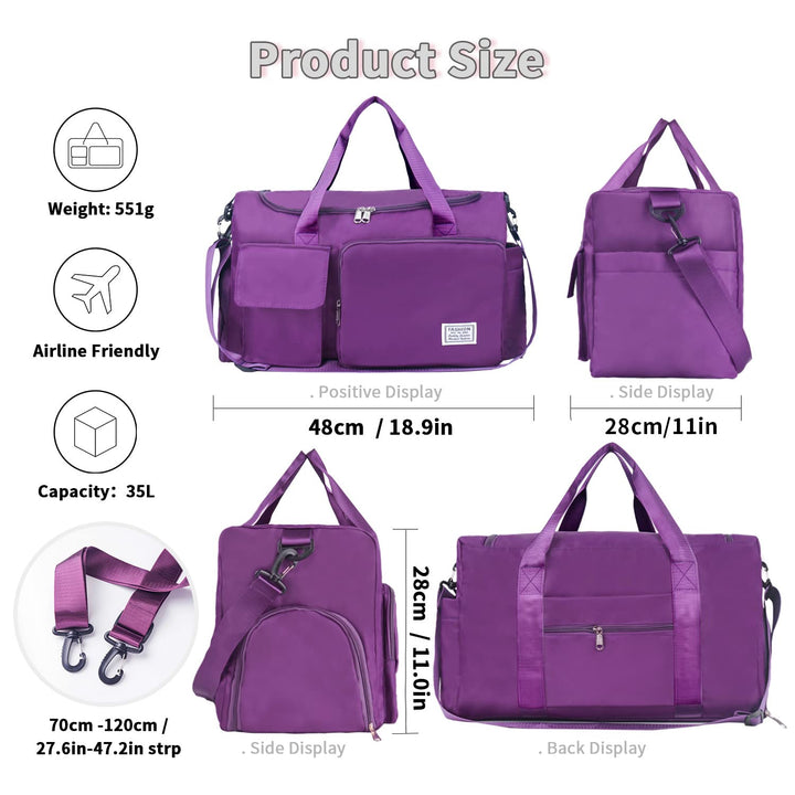 FIORETTO Women's Water-Resistant Gym Duffle Bag with Shoes Compartment, 37L Capacity, Multi-Functional, Ideal for Travel, Gym, Sports, Weekender, Violet