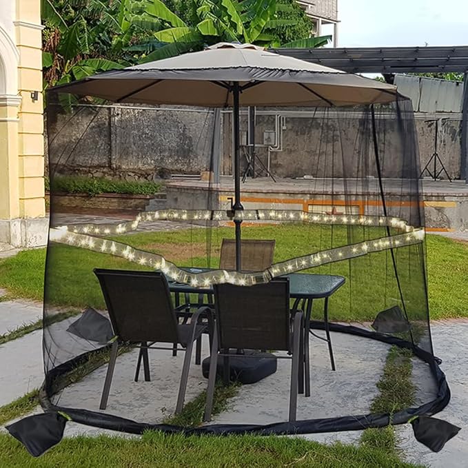 9/10FT Mosquito Net for Patio Umbrella Outdoors Screen Polyester Hanging Tent （Mosquito Net Only） (9FT/10FT(with Light))