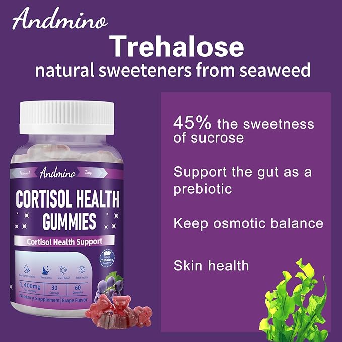 Cortisol Gummies for Women & Men, for Stress Relief & Sleep, Nighttime Cortisol Balance Support, with Trehalose, Non-GMO, Vegan, Gluten Free, Grape Flavor, 60