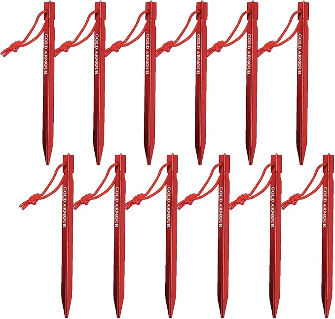Gold Armour Tent Stakes - 12 Pack Heavy Duty, Lightweight, Camping Stakes Pegs for Outdoor Tent and Tarp, Essential Camping Gear Equipment Accessories (Red)