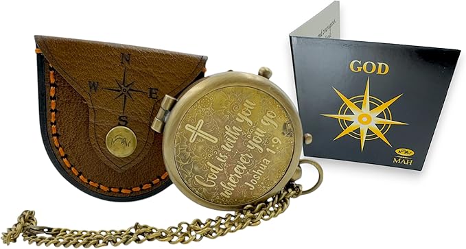 Handmade Religious Compass – “God is with You” Engraved Working Brass Gift – Christian Baptism, Confirmation, Christening or First Communion Keepsake for Boys, Teens & Men – Guided by Faith