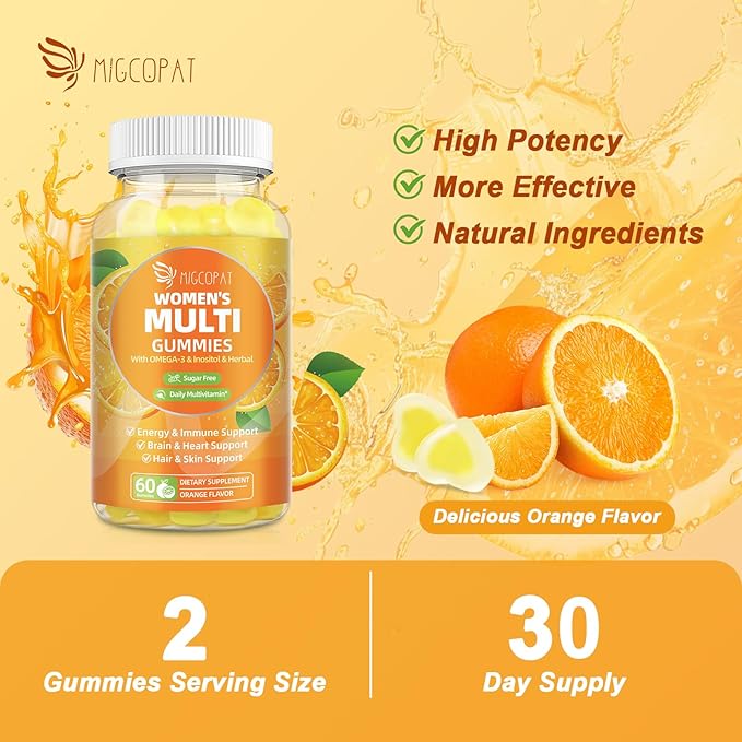 Multivitamin Gummies for Women w/Omega-3, Inositol, Folate, Biotin, Women Multivitamin Gummy w/Vitamins A, C, D3, E, B12 for Heart, Brain, Energy, Immune, Sugar Free, Orange Flavor, 60 Ct