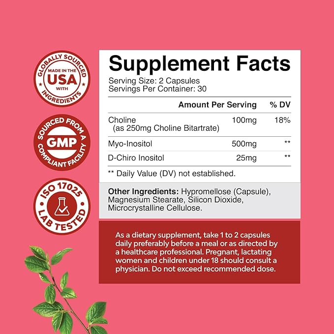 Myo-Inositol & D-Chiro Inositol Supplement for Women - Choline Supplement to Regulate Menstrual Cycle, Fertility & Hormonal Balance - Womens Hormone Balance Capsules with Myo & D-Chiro - 60 Caps