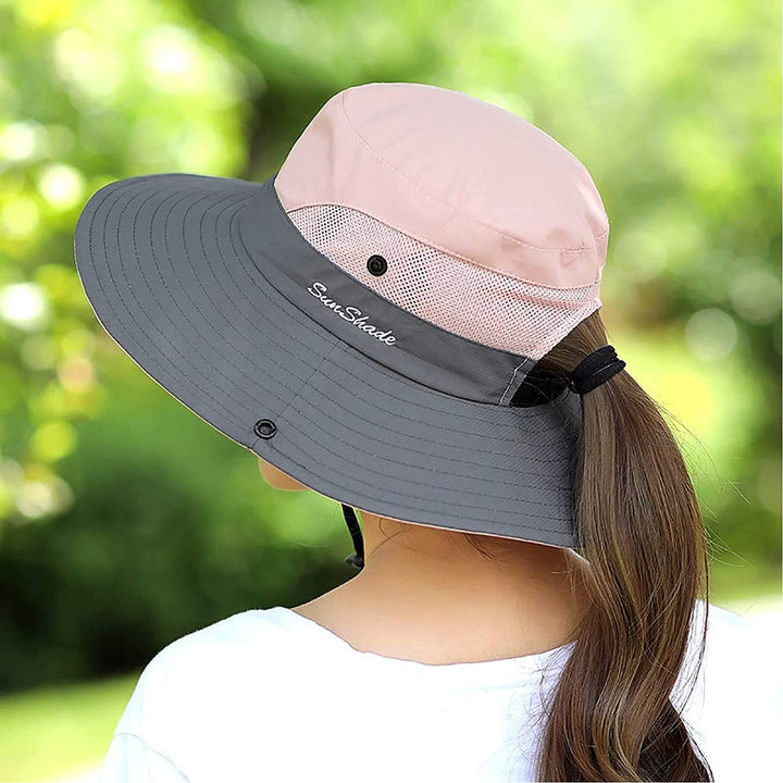 ZOORON 1 Pack Women's Ponytail Safari Sun Hat,Wide Brim UV Protection Outdoor Bucket Hat,Foldable Beach Summer Fishing Hat(beige)