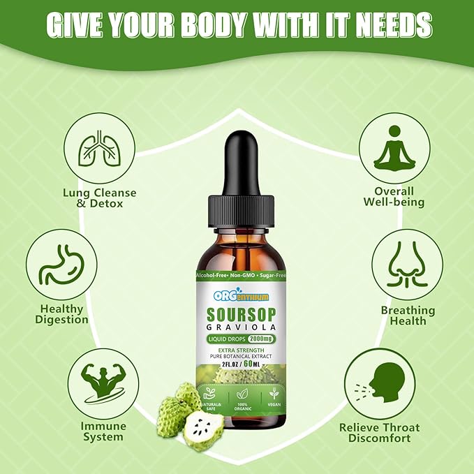 Soursop Graviola Liquid Drops - Soursop Leaf Fruit Sea Moss Extract for Cell Support & Regeneration, Immunity, Liver, Sleep & Antioxidant - Soursop Bitters Liquid, Herbal Goodness, 2 Fl Oz