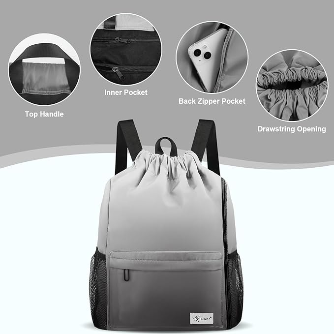 Drawstring Backpack with Mesh Pockets String Gym Bag Sackpack Sandproof Water Resistant Beach Backpack for Men Women